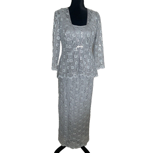 Vintage R&M Collection Lace Maxi Dress Womens Size 6 Pale Blue Sequins & Jacket - Picture 1 of 16